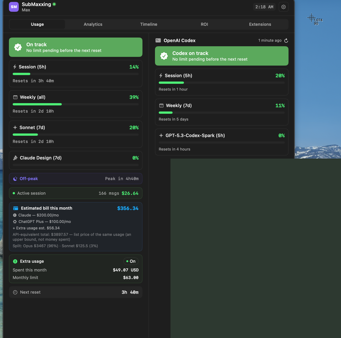 SubMaxxing menu-bar dashboard — Claude and Codex usage, limits, and projected bill side by side